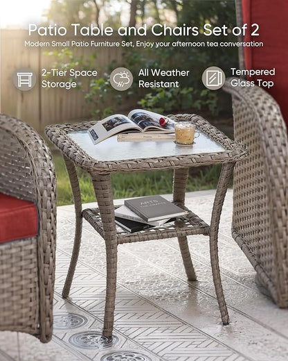 HUMMUH Outdoor Bistro Set-High Back Outdoor Rocking Chair with Side Table Patio Table and Chairs Set for Deck Lawn Porch Balcony Poolside-Grey/Red