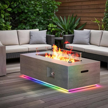 42" Outdoor Fire Pit Table, 50,000 BTU Gas Fire Pit with Glass Wind Guard, Fire Stones, Waterproof Cover, Propane Fire Pit Table for Outside Patio (RGB Light, Brown)