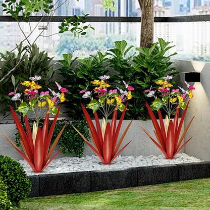 TOMBABY Garden Outdoor Butterfly Enlarge Thickened Wind Resistant Metal Agave Garden Art Metal Plant Country Sculpture Statue Decorations Ornaments Artificial Waterproof Butterflies(red 3pcs)