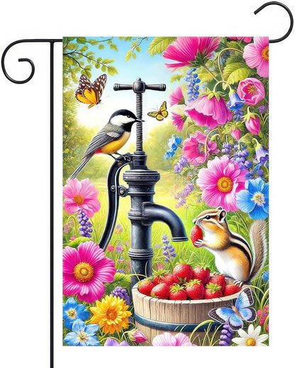 Spring Garden Flag 12x18 Inch Double-Sided Yard Decoration Featuring Colorful Pump Flowers Birds Chipmunk for Outdoor Spring Summer Garden Yard Decor