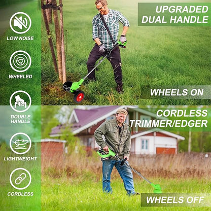 Cordless Weed Wacker Battery Powered Electric 21V 4.0Ah*2pcs 5 Types Blade&Wheels Grass Trimmer/Lawn Edger/Mower/Brush Cutter, Weeder Tool for Lawn Garden Pruning/Trimming (Unfoldable)