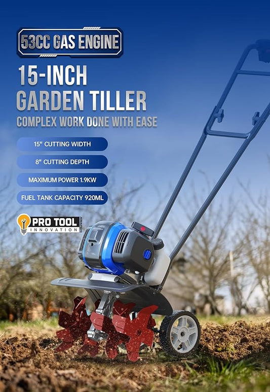 WILD BADGER POWER Garden Tiller 53cc Mini Cultivator 15 inch Powerful Liftable Booster Rod Tilling Tool for Lawn, Garden and Field Soil Cultivation