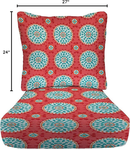 RSH DECOR: Deep Seating Cushion with Pillow Back | 24” x 27” Seat | All-Weather Spun Fabric | Water and Fade-Resistant | Outdoor Chair Cushion Set for Patio Furniture | Watermelon Sundial
