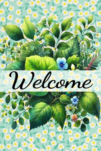 Spring Welcome Garden Flag 12x18 Inch Double-Sided Floral Greenery Yard Flags Decoration for Spring Summer Outdoor Decor Eucalyptus Seasonal Farmhouse Yard Outdoor Flag