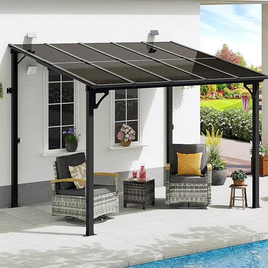 MEISSALIVVE 8' x 10' Wall Mounted Lean to Metal Awnings with Sloped Roof, Outdoor Patio Gazebo Awning for Backyard, Deck, Black