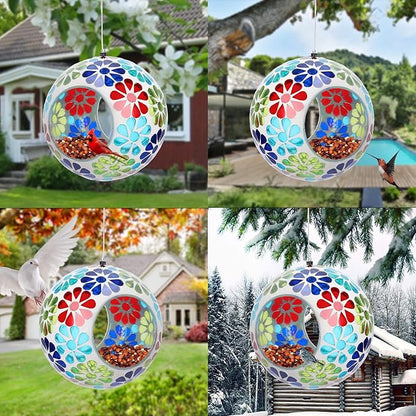 Bird Feeder - Mosaic Fly Through Bird Feeders for Outside Hanging with Round Shape Glass Container Birdfeeder for Garden Decor, 6.5 Inch Colorful Flower Design