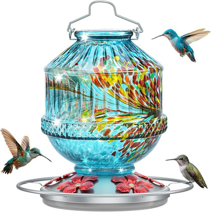 Hand Blown Glass Hummingbird Feeders for Outdoors, 25 Ounces Wild Bird Nectar Feeder with Perch & 5 Flower Feeding Ports Leak Proof Hanging for Garden Backyard Decor, Gifts for Women Mom, Blue