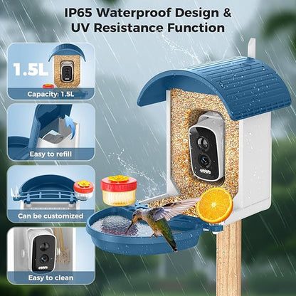 Bird Feeder with Camera, Smart Birdfeeder with Solar-Powered, 5MP AI Identify Birds 11000, Night Vision, Auto Record Video,Instant Notifications, Bird Feeders for Outdoors, Birds Watching Gifts