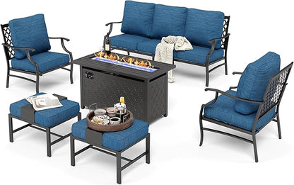 HERA'S HOUSE 6 Pieces Patio Furniture Set with Fire Pit Table, 2 x Single Chair, 2 x Ottoman, 3-Seat Sofa with 45" Fire Pit Table, Outdoor Conversation Set for Garden Poolside Backyard, Pacific Blue