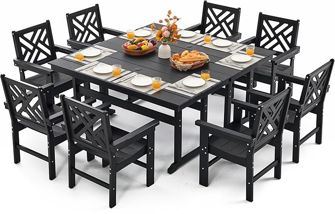 10 Piece HDPE Outdoor Dining Set for 8, Patio HDPE Furniture Set with 2 Table and Umbrella Hole, Outdoor Table and Chairs for Garden, Poolside, Backyard, Deck