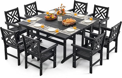 10 Piece HDPE Outdoor Dining Set for 8, Patio HDPE Furniture Set with 2 Table and Umbrella Hole, Outdoor Table and Chairs for Garden, Poolside, Backyard, Deck