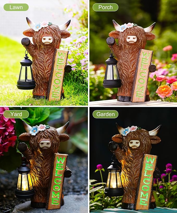 Nacome Highland Cow Garden Statue for Decor: Outdoor Sculpture with Solar Lantern and Welcome Sign for Outside Ornament Yard Art Lawn Porch Patio Balcony - Birthday Gifts for Women Mom(Brown)