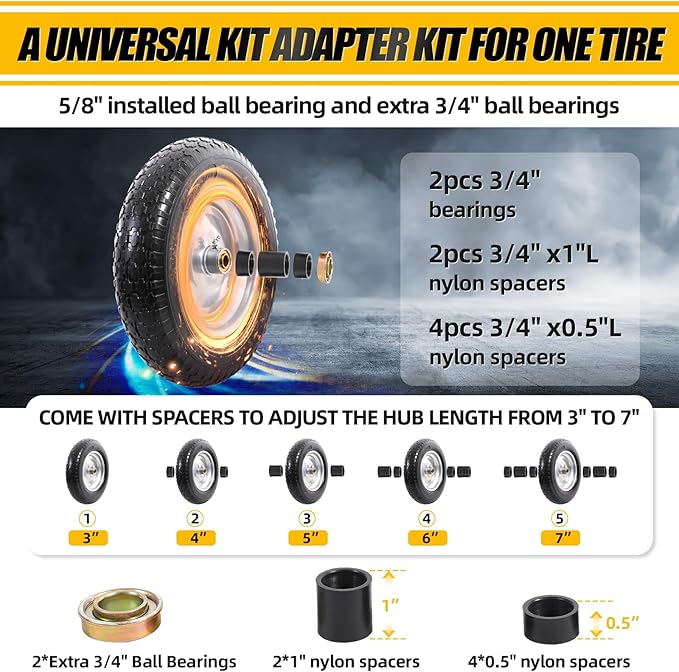 MZREXN 14.5" Wheelbarrow Tire Flat-Free 3.00/3.25/3.50/4.00-8" Solid Tire and Wheel with 3"-7" Centered Hub, 3/4" & 5/8" Bearings Replacement for Hand Truck/Dolly/Utility Cart/Garden Cart 2PCS Silver