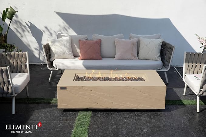 Elementi+ | Colorado Gas Fire Pit Cast Concrete 56" Rectangular Fire Table, Outdoor Fire Pit Electronic Ignition | Canvas Cover, Fire Glass and Burner Lid Included | Sunlight Yellow | Propane Gas