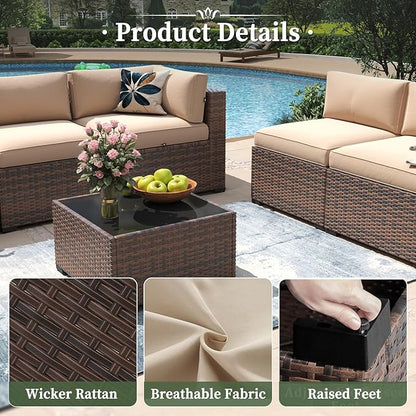 Aoxun 11 Piece Patio Furniture Set with 44” Fire Pit Table Wicker Rattan Outdoor Sectional Sofa Set with Coffee Table and Thickened Cushions, Beige (Waterproof Cover Included)