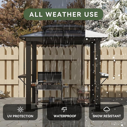 Aoxun Grill Gazebo 8 x 5FT, Outdoor Barbecue Gazebo with Double Polycarbonate Top, Aluminum Grill Canopy with Shelves for Patio, Lawn, Garden