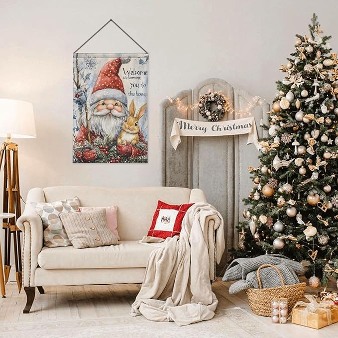 Christmas Gnome Rabbit Garden Flag Vertical Double Sided Outdoor Yard Flags 12.5x18 Inch Burlap Banners Vertical Double Sided for Outdoor Decor Lawn