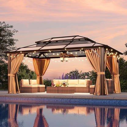 Aoxun Hardtop Gazebo, Aluminum Frame Permanent Pavilion with Netting and Curtains, Outdoor Polycarbonate Double Roof Canopy, Designed for Lawn, Garden, Patio (Brown, 12'x16' with Ground Anchor)