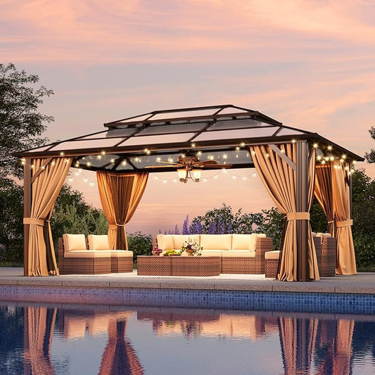 Aoxun Hardtop Gazebo, Aluminum Frame Permanent Pavilion with Netting and Curtains, Outdoor Polycarbonate Double Roof Canopy, Designed for Lawn, Garden, Patio (Brown, 12'x16' with Ground Anchor)