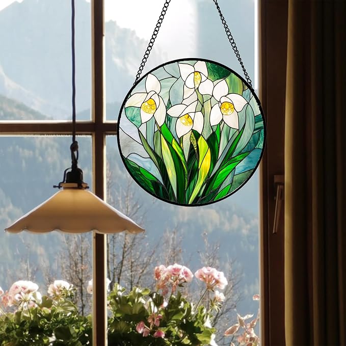 Stained Glass Window Hanging - White Snow Lotus Birth Flower Suncatcher for Doors Garden Patio Sun Catchers Decor Christmas Mother's Day Birthday Gifts for Women Men Mom Nana Friend 15 in