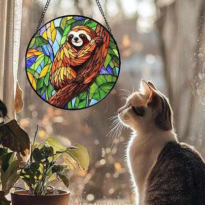 Stained Glass Window Hanging - Funny Sloth Suncatcher for Doors Garden Patio Cute Sun Catchers Decor Christmas Mother's Day Birthday Teenager Gifts for Women Men Mom Nana Friend 9.8 in