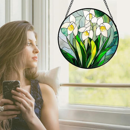 Stained Glass Window Hanging - White Snow Lotus Birth Flower Suncatcher for Doors Garden Patio Sun Catchers Decor Christmas Mother's Day Birthday Gifts for Women Men Mom Nana Friend 6.3 in