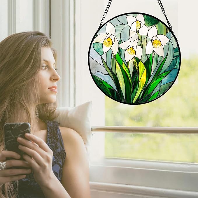 Stained Glass Window Hanging - White Snow Lotus Birth Flower Suncatcher for Doors Garden Patio Sun Catchers Decor Christmas Mother's Day Birthday Gifts for Women Men Mom Nana Friend 15 in
