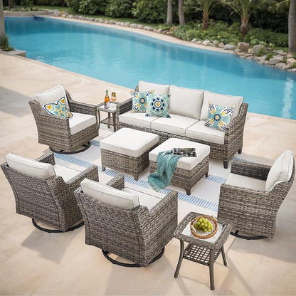 Patio Furniture Set, 9 Pieces Outdoor Wicker Rattan Sofa Couch with Swivel Rocking Chair, Side Table, Ottomans and Comfy Cushions, All Weather Patio Conversation Sets, Suit for Porch Deck