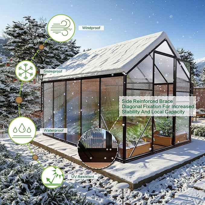 6x10 FT Greenhouse for Outdoors, Polycarbonate Green House with Adjustable Roof Vent and Rain Gutter, Aluminum Large Walk-in Greenhouse with Quick Setup Structure for Outside Garden Backyard Patio