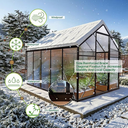 6x10 FT Greenhouse for Outdoors, Polycarbonate Green House with Adjustable Roof Vent and Rain Gutter, Aluminum Large Walk-in Greenhouse with Quick Setup Structure for Outside Garden Backyard Patio