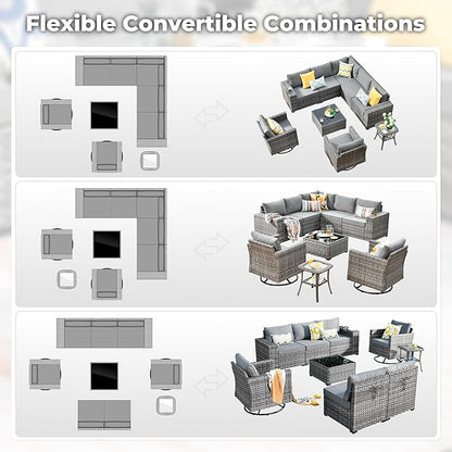 ovios 9 Pieces Patio Furniture Set, Outdoor Wicker Sectional Sofa with 2 Swivel Chairs Coffee Table, Modern Modular Deep Seat Rattan Couch Conversation Sets, Dark Grey