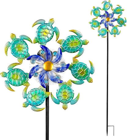 Sea Turtle Outdoor Solar Wind Spinners for Yard - 51" Metal Wind Sculptures Garden Stake with Color Changing LED Lights 360° Windmill Kinetic Spinner for Lawn Patio Decor