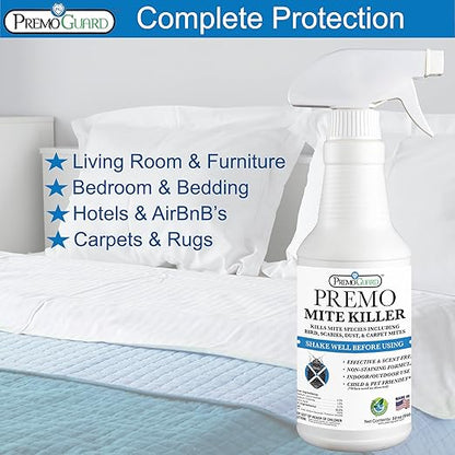 Premo Guard Natural Mite Spray – 16 oz Bottle – Plant Based Treatment for Dust, Spider, Carpet, Bird, Rat Mites – Safe for Families, Pet, Home, Bedding & Furniture When Used As Directed