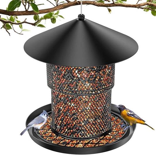 Bird Feeder for Outdoor Hanging, No Mess No Spill - Birdfeeder for Outdoor, Squirrel Proof Bird Feeder w/Catch Tray - Large Capacity All-Metal for Outside Hanging