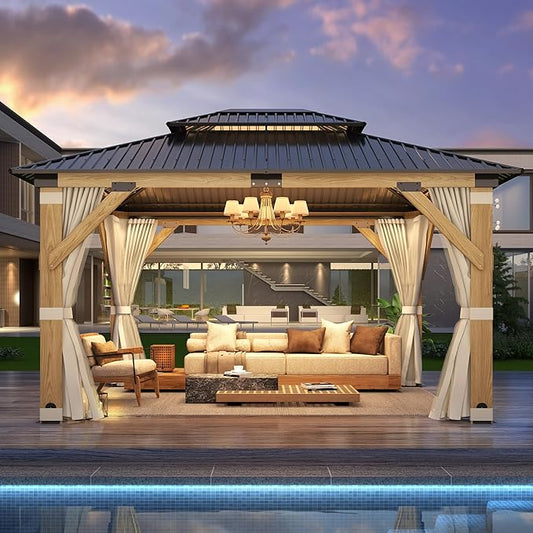 GARTOO 11’x13’ Outdoor Wooden Gazebo, Patio Galvanized Steel Wood Gazebo with Privacy Curtains and Netting, Vented Double Roof Hardtop Pavilion for Garden, Porch, Lawn, Poolside, Backyard, Deck