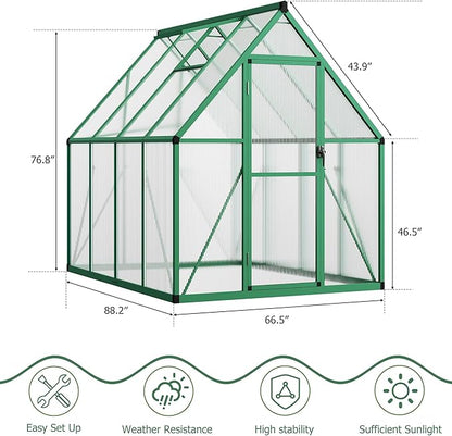 CABIHOME 6x7 FT Outdoor Greenhouse, Polycarbonate Greenhouse with Roof Vent and Ground Nails, Aluminum Large Walk-in Green House w/ Lockable Push Door for Outside Garden Backyard (Green, 6x7 FT)