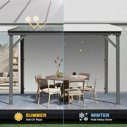 Domi 8’x8’ Lean-to Gazebo, Hardtop Wall-Mounted Gazebo Pergola with Sloping Galvanized Steel Roof and Upgraded Drainage System, Outdoor Permanent Metal Shelters for Patio Backyard Deck, Grey