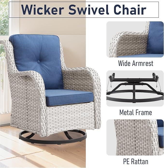 Patio Chairs Set, 5 PCS Furniture with Loveseat, Swivel Rocker Patio Chairs and 2 Wicker Ottoman, Light Grey / Blue, Casual/Tropical Style