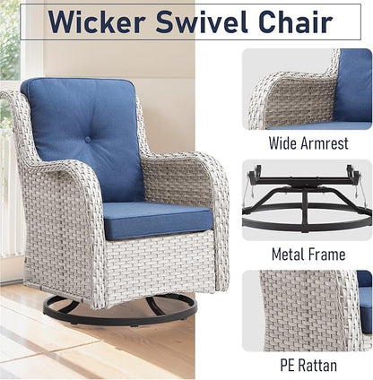 Patio Chairs Set, 5 PCS Furniture with Loveseat, Swivel Rocker Patio Chairs and 2 Wicker Ottoman, Light Grey / Blue, Casual/Tropical Style