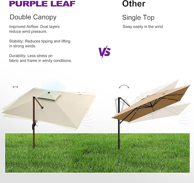 PURPLE LEAF 9' X 12' Double Top Deluxe Wood Pattern Rectangle Patio Umbrella Offset Hanging Umbrella Outdoor Market Umbrella Garden Umbrella, Cream