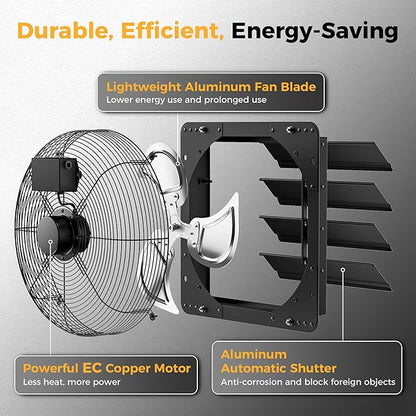 16 Inch EC Motor Shutter Exhaust Fan, 6 Inch Large Touchscreen Controller for Temp Humidity and Speed Control, 10-Speed Wall Mount Fan for Attic, Greenhouse, Garage, Chicken Coop Ventilation