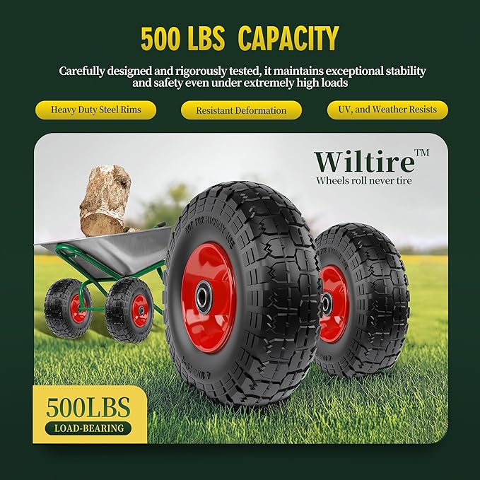 (2 Pack) 4.10/3.50-4 Flat Free Tire and Wheel 10-Inch Solid Wheel Replacement with 5/8 Bearings,2.2" Offset Hub -Compatible with Hand Truck,Wheelbarrow(Red)