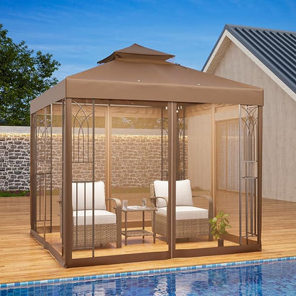 EAGLE PEAK 8x8 Patio Gazebo with Mesh Netting, Double Roof Outdoor Pavilion with Corner Shelves for Lawn, Deck, Garden and Backyard, Brown