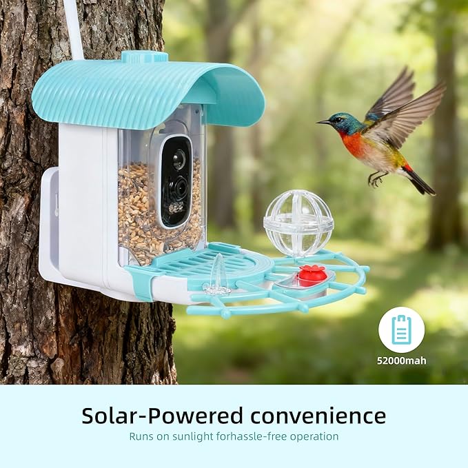 Bird Feeder with Camera, Smart Bird Camera with AI Identify BirdSpecies, Auto Record BirdVideo, Instant Notifications, 2K Video Live Stream Camera with Solar Panel for Birds Lover (Blue)