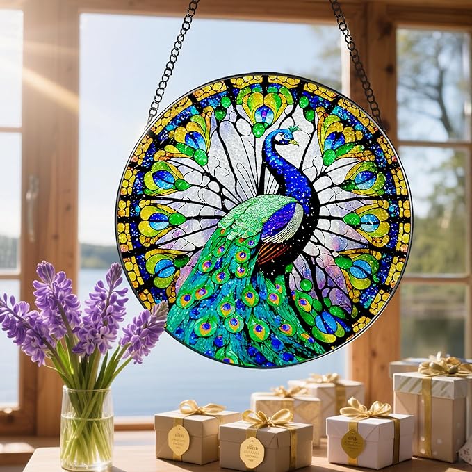 8 Inch Stained Glass Suncatcher Ornament, DOUHASU Peacock Sun Catchers Indoor Window, Stained Glass Window Hanging, Home Decor, Peacock Lovers for Mom, Grandma, Friend, Bestie, Couple