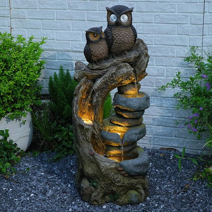 34.3''H Outdoor Water Fountain Owl Tree Stump, 4 - Tier Cascading Waterfall Garden Fountains with LED Lights & Pump Water Feature Resin for Patio, Deck, Yard, Home Decor