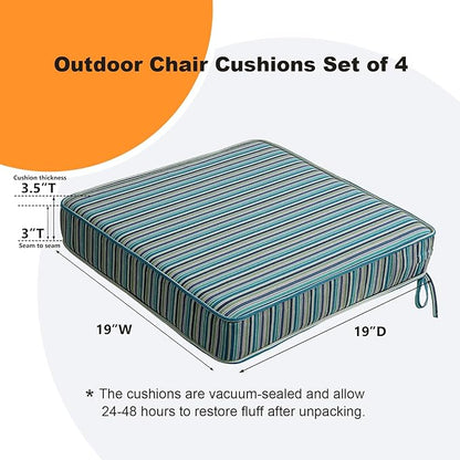 Sunbrella Square Corner Seat Cushions, 19" x 19" x 3", Set of 4, Indoor Outdoor Water Repellent Universal Chair Pads with Ties for Patio Furniture, Garden Dining Chairs, Swell Turquoise