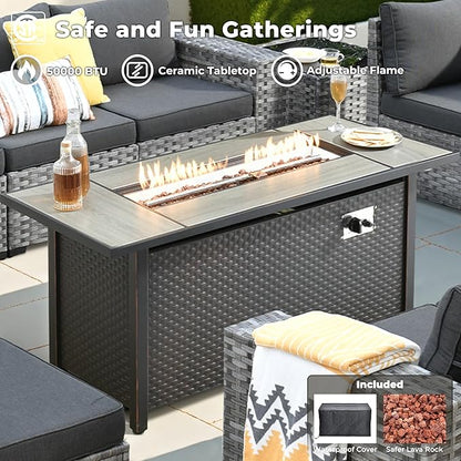 ovios 10 Pieces Patio Furniture Set, Outdoor Wicker Sectional Sofa with 54" Fire Pit Table Swivel Chairs, Modern Modular Deep Seat Rattan Couch Conversation Sets, Black