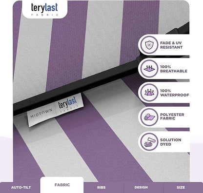 Midtown Umbrellas 10-Year-No-Fade - 8 Ft - UV Proof Purple/White Stripes Fabric - Umbrella Outdoor Patio, Auto-Tilt Aluminum Frame Patio Umbrella for Garden, Pool & Deck - Black Pole