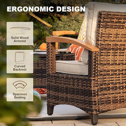 MEISSALIVVE 9 Piece Outdoor Patio Furniture Set, Half-Moon Curved Sectional Set with Wood Armrests, Patio Conversation Set, Tempered Glass Coffee & Side Tables（Brown）